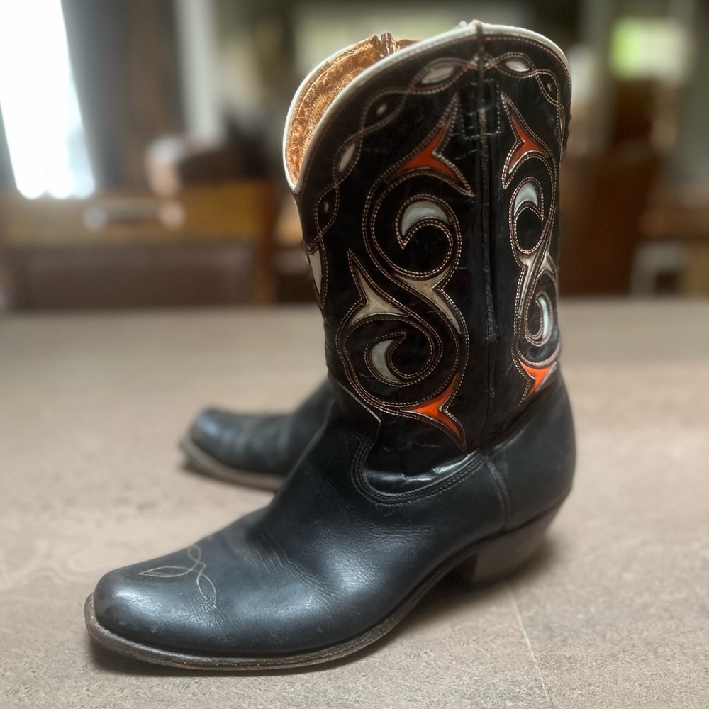 Vintage ACME 1950’s Black Leather Inlay Red and blue Cowboy Boots Women’s 9.5